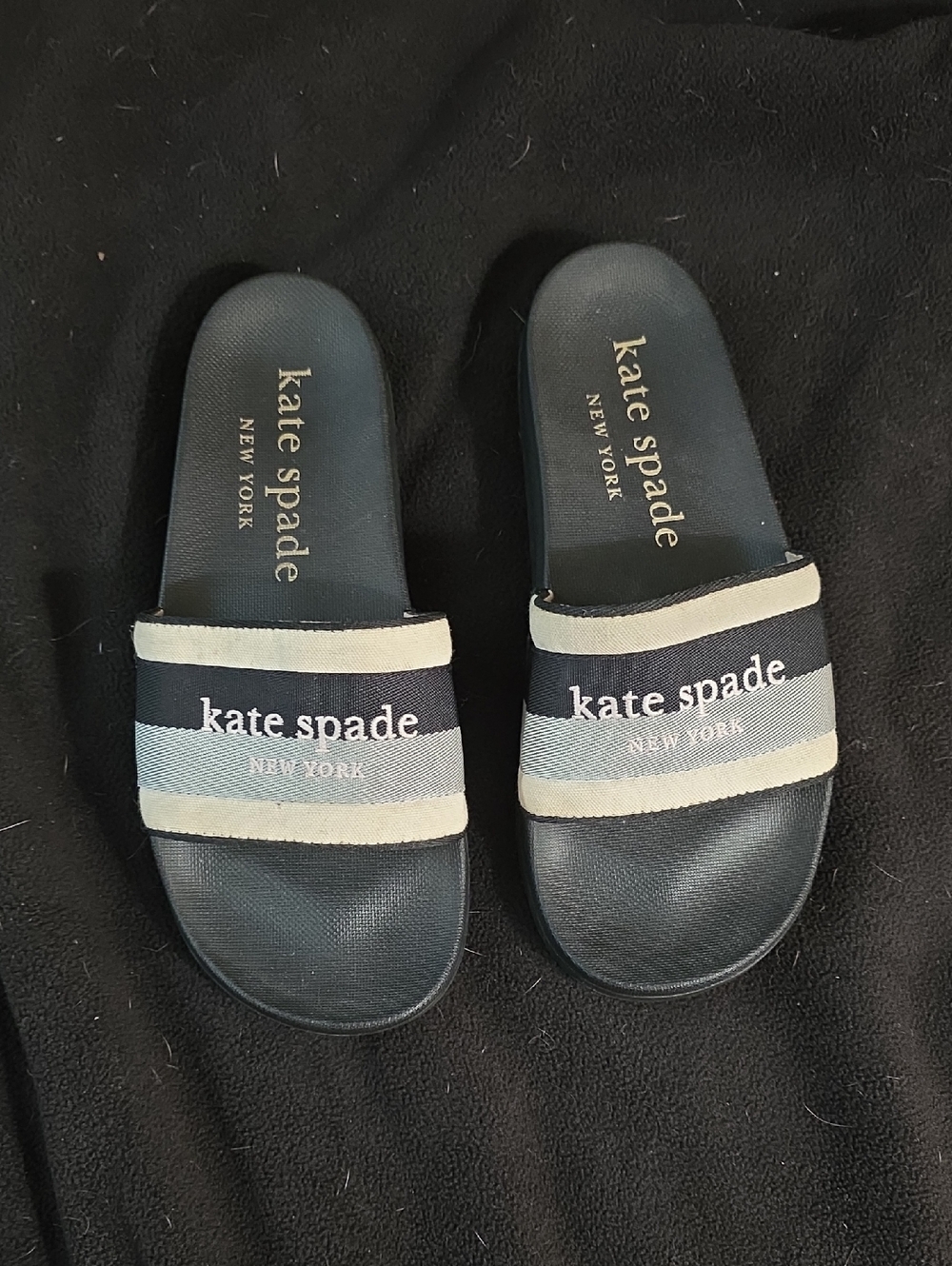 kate spade Navy, Cream and Light Blue Striped Slide Sandals